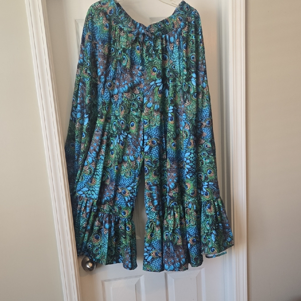 A Rare Bird Peacock-Print Wide Leg Pants in Blue & Green